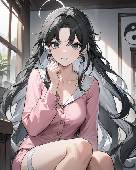 masterpiece,best quality,pink pajamas,indoors,looking at viewer,
<lora:jianxin_xl:0.45>,jianxin,1girl,solo,jewelry,earrings,black hair,multicolored hair,long hair,ahoge,yin yang,