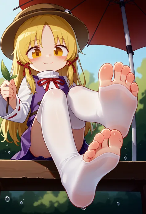 score_9, uncensored, source_anime
BREAK
moriya suwako, 1girl, solo, looking at viewer, blush, smile, shirt, skirt, blonde hair, long sleeves, thighhighs, hat, holding, ribbon, closed mouth, sitting, white shirt, yellow eyes, hair ribbon, wide sleeves, whit...