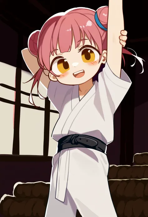 score_9, uncensored, source_anime
BREAK
1girl, solo, looking at viewer, blush, smile, open mouth, twintails, standing, upper body, yellow eyes, pink hair, short sleeves, teeth, barefoot, hair bun, arms up, upper teeth only, double bun, standing on one leg,...