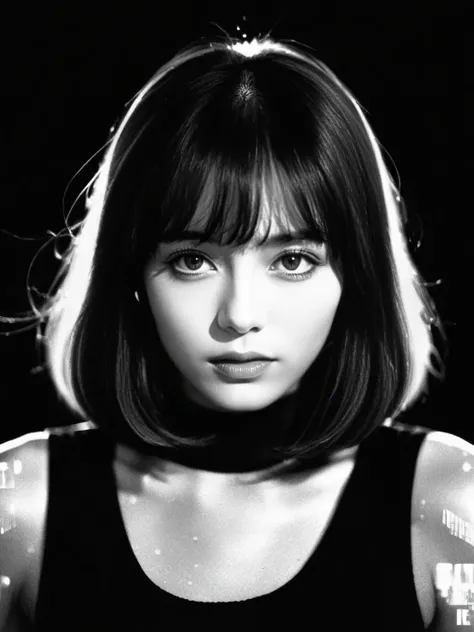 Best Quality, Masterpiece, Ultra High Resolution, (Film Granues: 1.4), Bangs, Film Lighting, (Fujicolor: 1.2) Bust Portrait,
Close-up of face, clear pores, 1 girl, looking at the viewer, black background (photorealistic: 1.2) black and white portrait