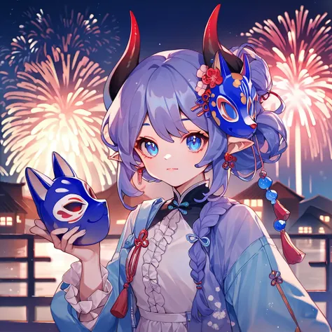 score_9, score_8_up, score_7_up, score_6_up, score_5_up, score_4_up,
<lora:cute_style_pony_v2:0.6>,CuteStyle,chibike,
 1girl, fireworks, mask, blue eyes, horns, solo, pointy ears, jewelry, looking at viewer, holding mask, sample , hair ornament