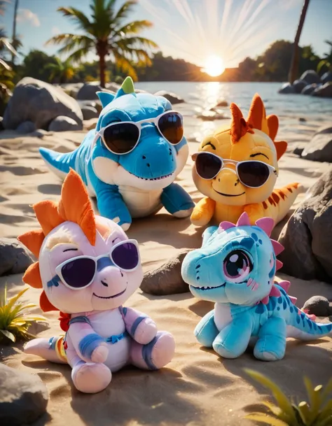 score_9, score_8_up, score_7_up,
rating_safe,
three dinosaur sunbathing, sunglasses, on the shore,trio,lying on the sand,
sun, sunrays, 
<lora:woafu_plushify_sdxl_v2:0.8> plushify, character stuffed toy, chibi,