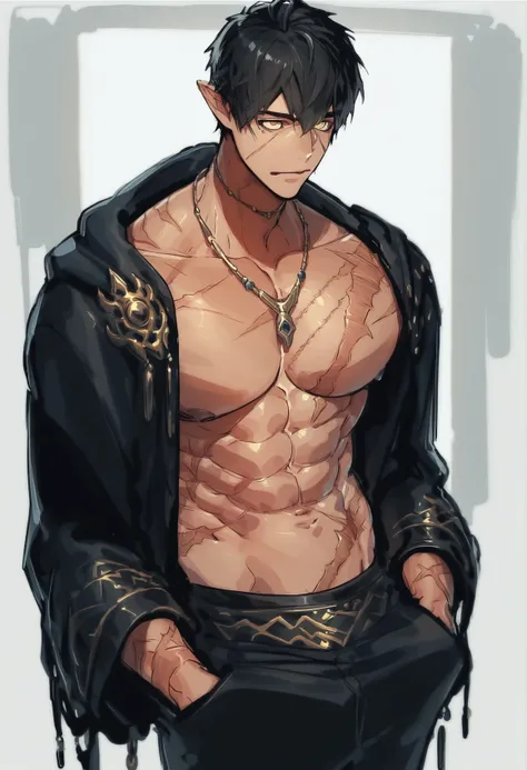 <lora:extraooAKB:0.8>,extraoo,1boy,solo,yellow eyes,scar,scar on chest,jewelry,necklace,black hair,abs,pectorals,pointy ears,bare pectorals,hands in pockets,, score_9,score_8_up,score_7_up,source_anime,