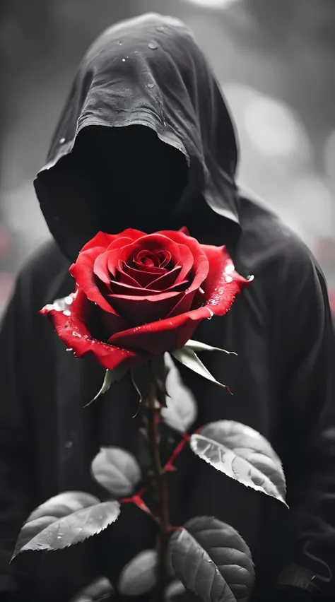 ,beij,rose,flower,red flower,blurry,red rose,blurry background,depth of field,red theme,wwm,solo,monochrome,greyscale,hood,<lora:beij528:0.8>