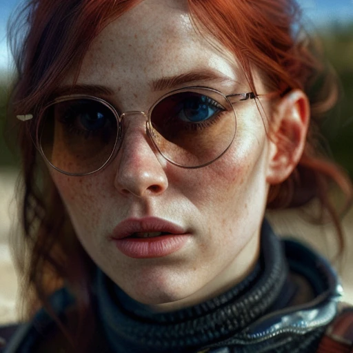 very realistic, breathtaking,hyperrealistic art portrait of a young woman with red hair wearing round glasses,a blue sky and clouds reflecting in her sunglasses in the style of Craig Mullins,a hyperrealistic portrait,fine details,extremely high-resolution ...