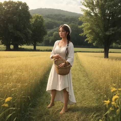 a barefoot woman standing in a field, pastorallife   <lora:Pastoral_v4-000030:1>