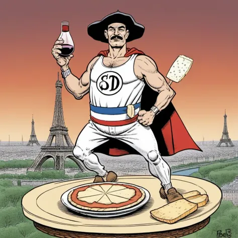 comic a full body man with a hat and a mustache wears a white costume with a cape, having red wine  and a plate of french cheese in front of the eiffel tower   <lora:SuperDupont1024:0.8> . graphic illustration, comic art, graphic novel art, vibrant, highly...