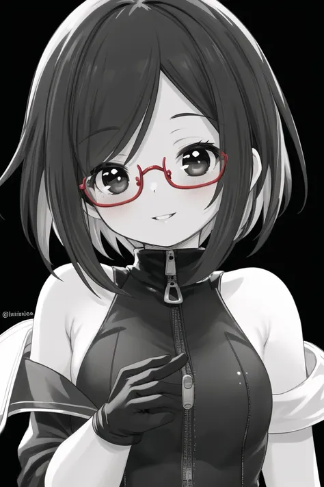 1girl,solo,red-framed eyewear,glasses,black eyes,black hair,upper body,looking at viewer,short hair,sleeveless,black background,sleeveless jacket,twitter username,zipper,bangs,smile,shiny hair,simple background,shiny,swept bangs,bare shoulders,parted bangs...