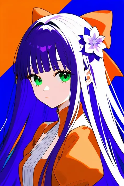 illustration,1girl,flower,solo,long hair,bangs,orange clothes,green eyes,juliet sleeves,upper body,blunt bangs,very long hair,white flower,hair bow,purple flower,
<lora:xl_epoch_4>,