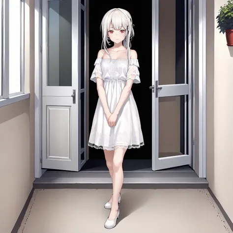 <lora:HatanoRinXLpony001>,
solo,
HatanoRin,1girl,white hair,hairing,hairclip,red eyes,
low ponytail,
medium breasts,
white_dress,lace dress,off -shoulder,short_sleeves,
full body,standing,