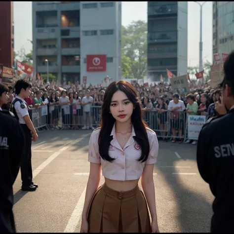 cinematic photo thai a woman in a uniform is standing in front of a crowd <lora:thai:1>  . 35mm photograph, film, bokeh, professional, 4k, highly detailed