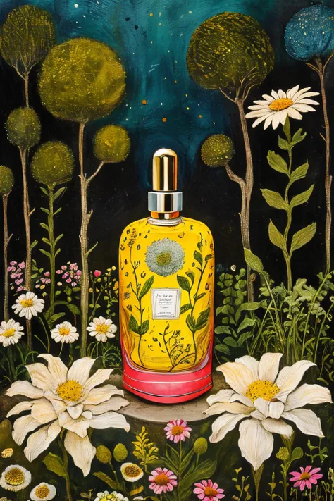 masterpiece,best quality,<lora:tbh175-:0.9>,illustration,style of Lynda Barry, A bottle of perfume in garden