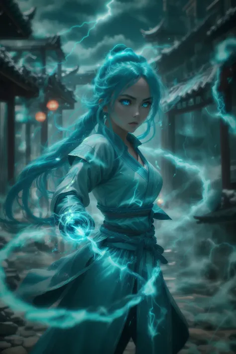 fighting stance,dancing,ancient-costume,cyan-aura,using cyan-lightning-magic,cyan-lightning-magic,using cyan-magic,cyan-magic,1girl,solo,long hair,blue eyes,<lora:magic_fighting_cyan_512_15:0.8>,