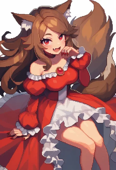 masterpiece,best quality,very aesthetic,absurdres,<lora:pixel_art_v2:1>,1girl, :d, animal_ears, blush, brown_hair, collarbone, commentary_request, dress, fang, feet_out_of_frame, fingernails, frilled_dress, frills, from_above, highres, imaizumi_kagerou, lo...