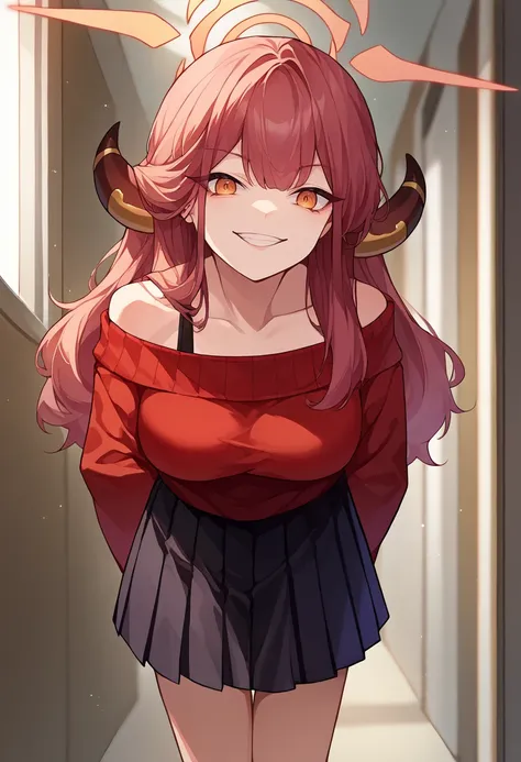 score_9, score_8_up, source_anime, 1girl, solo, RikuhachimaAru, long hair, horns, halo, red sweater, off-shoulder, looking at viewer, black skirt, pleated skirt, hallway, grin, arms behind back, leaning forward, <lora:ChamRikuhachimaAruPonyXL:1>