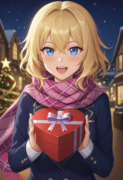 1girl, blonde_hair, blue_eyes, blue_scarf, blurry, blurry_background, blush, box, gift, gift_box, hair_between_eyes, heart, holding, incoming_gift, long_sleeves, looking_at_viewer, night, open_mouth, pink_scarf, plaid_scarf, purple_scarf, scarf, solo, uppe...