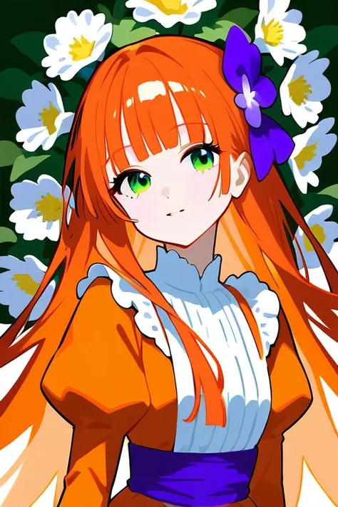 illustration,1girl,flower,solo,long hair,bangs,orange clothes,green eyes,juliet sleeves,upper body,blunt bangs,very long hair,white flower,hair bow,purple flower,
<lora:xl_epoch_4>,