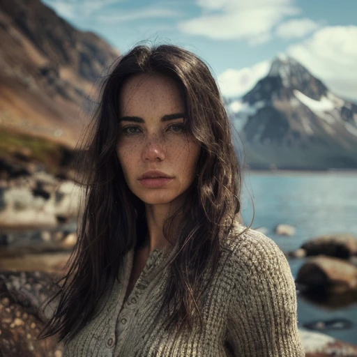 photography, cinematic, a potrait of cool beatiful woman standing next to a rocky shore with water coming out of her face and a mountain in the background highly detailed, very realistic 