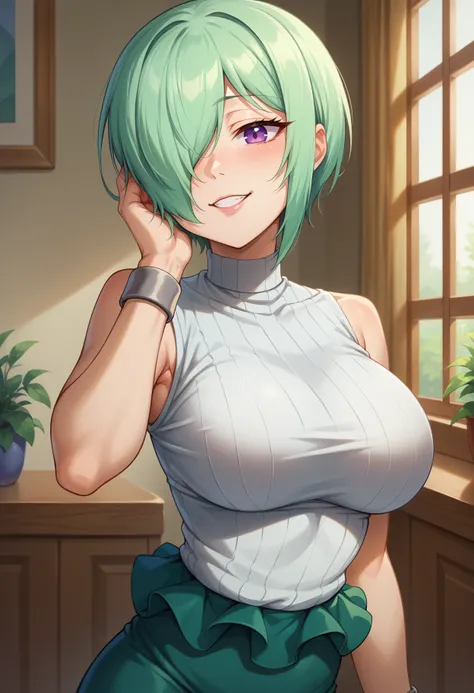 score_9,score_8_up,score_7_up BREAK 1girl,jelodruj,indoors,standing,head tilt,hand on own cheek,green hair,purple eyes,hair over one eye,turtleneck sweater,sleeveless,grey wristband,green skirt,pencil skirt,medium skirt,looking at viewer,seductive smile,<l...