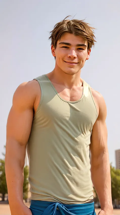 (face focus). (masculine:1.3), large strong physique:1.0, at outdoor sunny park, (muscular man wearing tight tank top:1.2), sexy pose:1.0, styled hair, confident, handsome, (((masterpiece))), (((best quality))), (hands on waist), male, athletic, looking at...