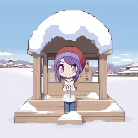 black eyes, shop, poke ball (basic), purple hair, grave, wood, blue sky, smile, snow