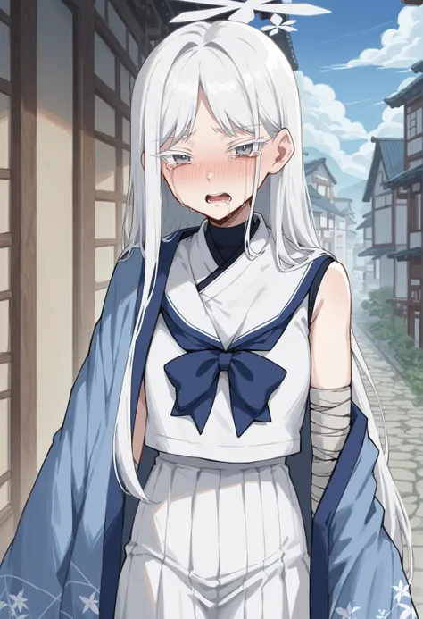 1girl, halo, long hair, white hair, colored colored eyelashes, grey eyes, serafuku, long skirt, white skirt, sleeveless, haori, bandaged arm, looking at viewer, crying, crying with eyes open, nose blush, standing, outoors, japanese town, close-up, open mou...