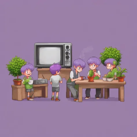 plant, 3boys, grey background, outdoors, purple hair, television, shop, shelf, teapot