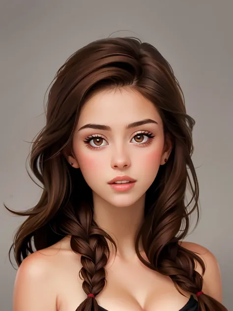 Realistic photo of a beautiful d4sh4m woman, 1girl, solo, long hair, breasts, looking at viewer, simple background, brown hair, cleavage, bare shoulders, brown eyes, braid, parted lips, teeth, grey background, lips, portrait, realistic, professional Photog...