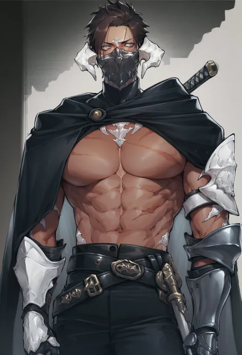 <lora:extraooAKB:0.8>,extraoo,1boy,white horns,dark skin,au ra,mask,forehead,looking at viewer,pectorals,short hair,covered mouth,mouth mask,dragon horns,looking to the side,looking at viewer,grey eyes,brown hair,weapon,sword,gauntlets,pectoral cleavage,sh...