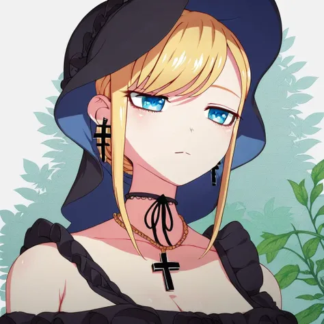 score_9, score_8_up, score_7_up, score_6_up, score_5_up, score_4_up, alice lendrott, blonde hair, blue eyes, swept bangs, sidelocks,black dress,fishnet thighhighs, black headwear, black nails, black ribbon, bonnet, choker, cleavage, collarbone, cross, cros...