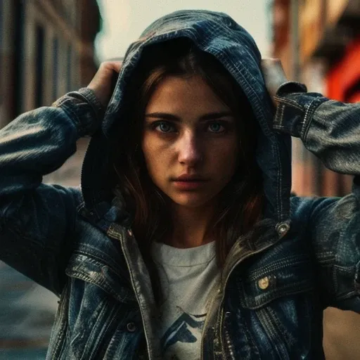 photography, cinematic, an image of a woman looking down at the camera and a jacket over her head, highly detailed, very realistic 