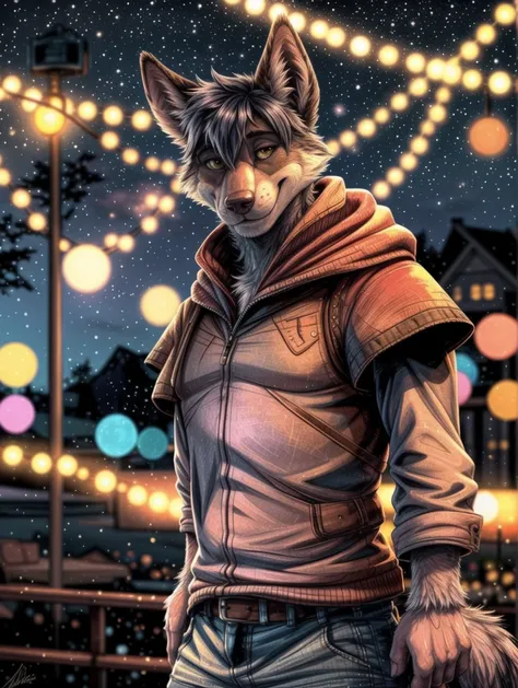 clothed male canid, looking away, smile, outside, night, bokeh, by dramamine, by einshelm, by ruaidri