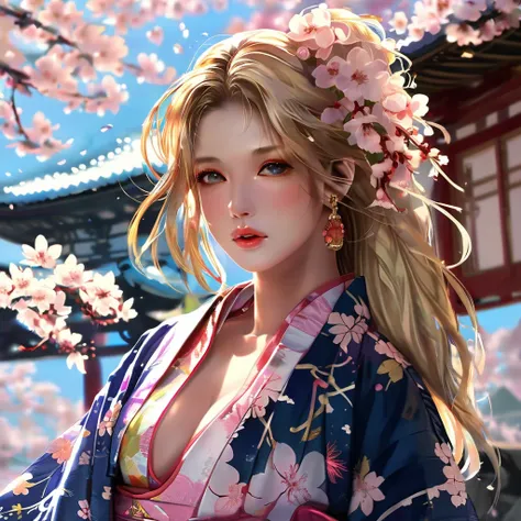 score_9_up,score_8_up,score_7_up,(masterpiece),(best quality),hyper detailed,perfect anatomy,dazzling,perfect face, sexy,seductive,1girl,long hair,cleavage,blonde hair,print_kimono,furisode, wind_lift,dusk,outdoor,in spring,falling petals,cherry blossoms,l...