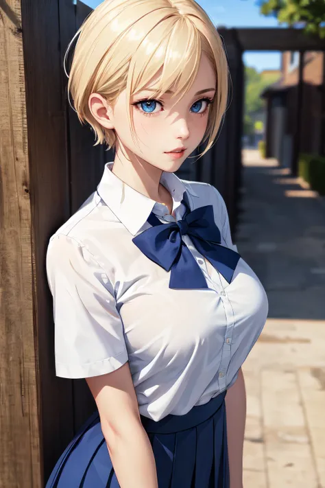 (masterpiece), (best quality), (beautiful eyes and face), (perfect female body),
looking at viewer, cowboy shot,
short hair, blonde hair, blue eyes, 
large breasts, 
school uniform, white shirt, short sleeves,  bowtie, skirt, 
outdoors,