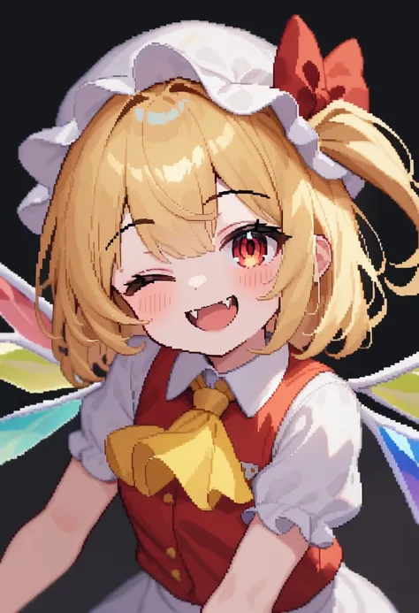 masterpiece,best quality,very aesthetic,absurdres,<lora:pixel_art_v3:1>,1girl, ;d, ascot, blonde_hair, bow, commentary, crystal_wings, fangs, flandre_scarlet, hat, hat_bow, looking_at_viewer, mob_cap, one_eye_closed, one_side_up, pixel_art, red_bow, red_ey...