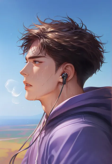 <lora:dong529:0.8>,dong77,1boy,solo,earphones,sweat,profile,from side,breath,brown hair,earbuds,parted lips,hood,sky,short hair,upper body,wind,hoodie,outdoors,purple hoodie,blue sky,lips,eyelashes,day,hood down,, score_9,score_8_up,score_7_up,source_anime...