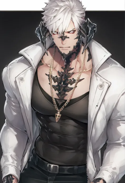 <lora:extraooAKB:0.8>,extraoo,1boy,au ra,pectorals,jacket,white hair,muscular,looking at viewer,shirt,necklace,white eyes,jewelry,scales,, score_9,score_8_up,score_7_up,source_anime,