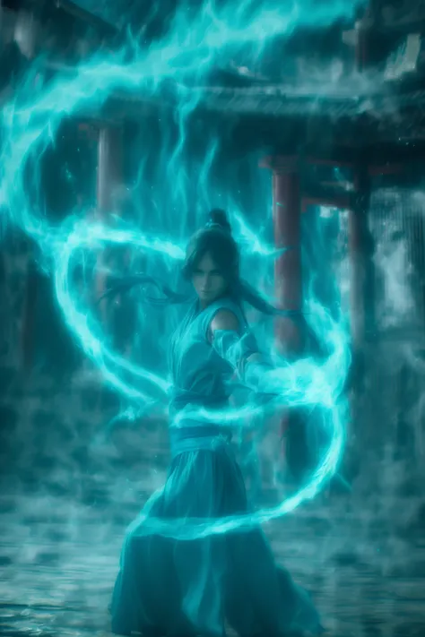 fighting stance,dancing,ancient-costume,cyan-aura,using cyan-magic,cyan-magic,1girl,solo,long hair,blue eyes,<lora:magic_fighting_cyan_512_dreamshaper_8_3:1>,