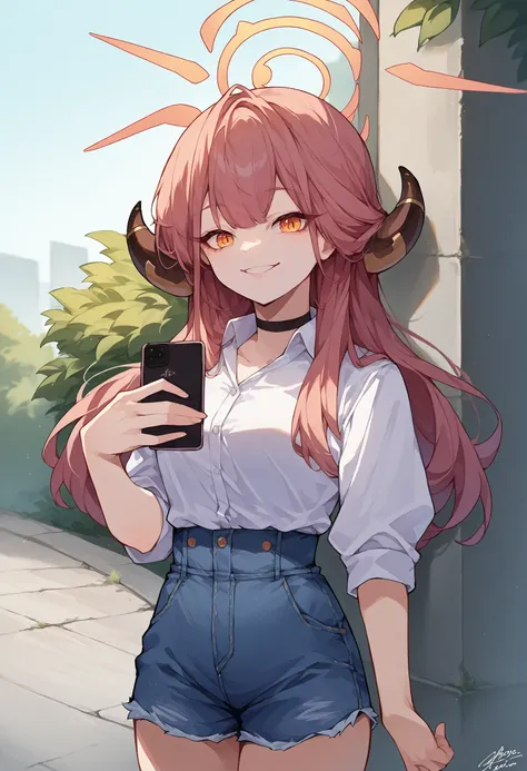 score_9, score_8_up, source_anime, 1girl, solo, RikuhachimaAru, long hair, horns, halo, white shirt, dress shirt, black choker, holding cellphone, denim shorts, high-waist shorts, outdoors, smile, <lora:ChamRikuhachimaAruPonyXL:1>