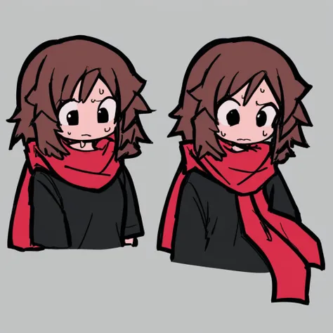 Black sweat shirt, brown hair, red scarf, full drawing, background