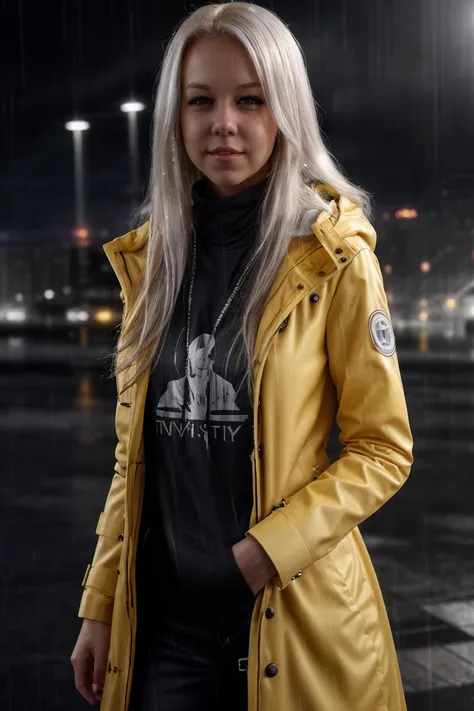 (Cinematic Shot:1.3) Tower13_Bianca  (skinny, slim, slender, narrow waist:1.3) ((Photo Focus, DOF, Aperture, insanely detailed and intricate, character, hypermaximalist, hyper realistic, super detailed, (lens flare))) (Wearing a Yellow Raincoat in the rain...