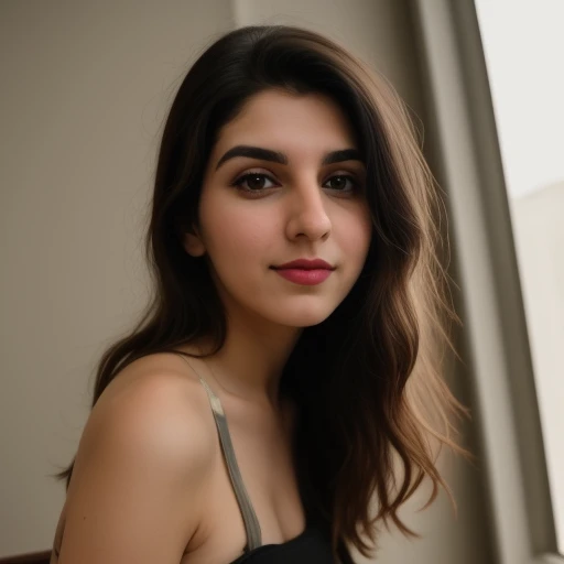 ALEEN 	oval shaped face , instagram photo, closeup face photo of 23 y.o in green dress , hairs tied up in hair bun , cleavage, pale skin, (smile:0.4), hard shadows