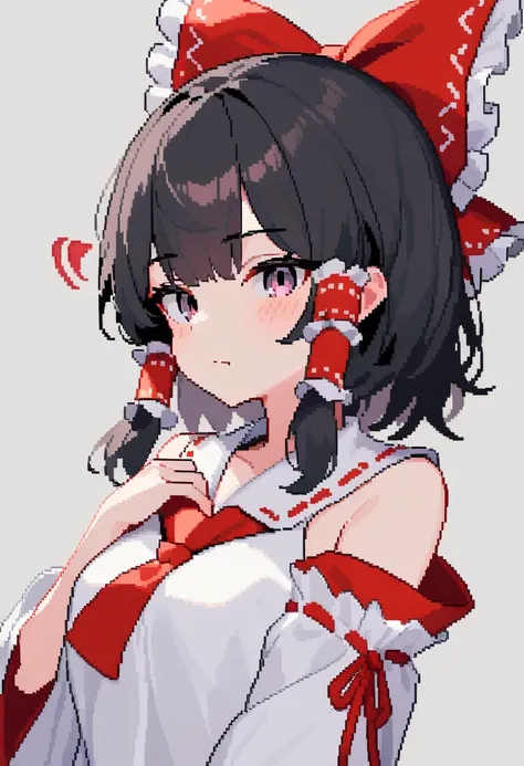 masterpiece,best quality,very aesthetic,absurdres,<lora:pixel_art_v3:1>,1girl, bare_shoulders, black_eyes, black_hair, bow, closed_mouth, commentary_request, grey_background, hair_bow, hair_tubes, hakurei_reimu, pixel_art, red_bow, sidelocks, solo, squiggl...