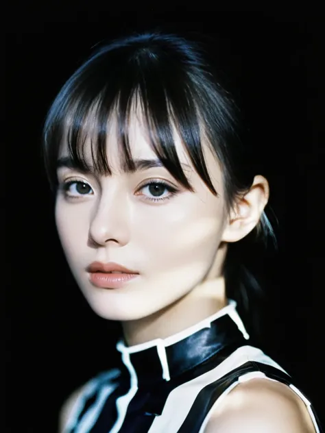 Best Quality, Masterpiece, Ultra High Resolution, (Film Granues: 1.4), Bangs, Film Lighting, (Fujicolor: 1.2) Bust Portrait,
Close-up of face, clear pores, 1 girl, looking at the viewer, black background (photorealistic: 1.2) black and white portrait