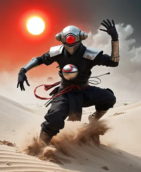 Capture the essence of a weathered, worn-out cyborg ninja amidst a swirling dust and electricity storm. Bent forward, obscured beneath a large, round sedge hat, their face barely visible. With arms outstretched, each hand holds a hovering, semi-molten red-...