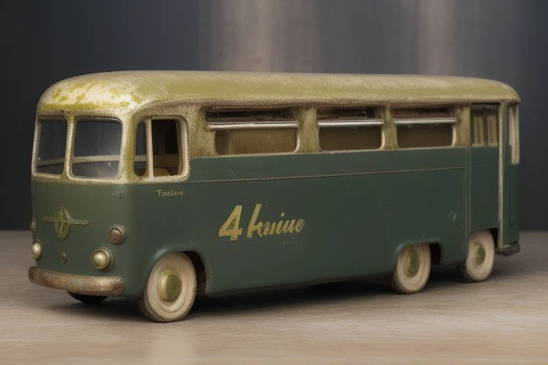 (photorealistic, 4k, 8k, uhd), a tintoycar, manufactured in 1950, <lora:Tin_Toy_Cars:0.8>, (french trolley Bus, dark green paint with white and beige lithographic print), scratches, dents, heavily used, chipped paint, faded plastic lights, background is a ...