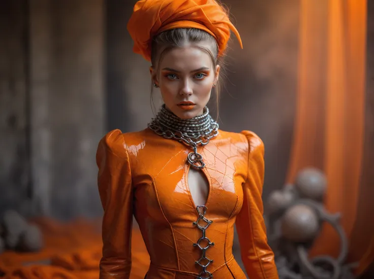 photo raw,girl in eco friendly haute couture outfit in the style of bdsm,surrealism,akira style,fine jewelry,eco friendly,orange...