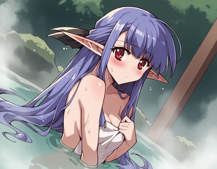 score_9, score_8_up, score_7_up, source_anime,
nerine, <lora:nerine-s1-ponyxl-lora-nochekaiser:1>,
nerine, long hair, blue hair, pointy ears, red eyes,
nude, naked, 
outdoors, onsen, towel, naked towel, steam, bathing, nude cover, partially submerged, wate...