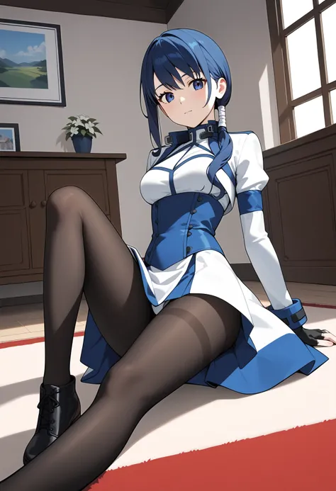 score_9, score_8_up, score_7_up, score_6_up, score_5_up, score_4_up, source_anime, aamerry, long hair, low ponytail, blue hair, blue eyes, white dress, long sleeves, fingerless gloves, black gloves, underbust, black pantyhose, <lora:merry_(grimgar)_ponyxl_...