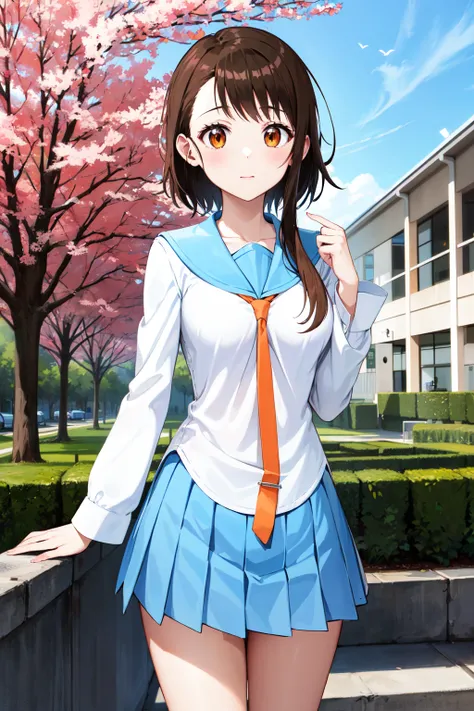 masterpiece, best quality, highres, aakosaki, brown hair, sidelocks, school uniform, blue sailor collar, orange necktie, white shirt, long sleeves, pleated skirt, blue skirt, <lora:onodera_kosaki_v2:0.7>, standing, cowboy shot, outdoors